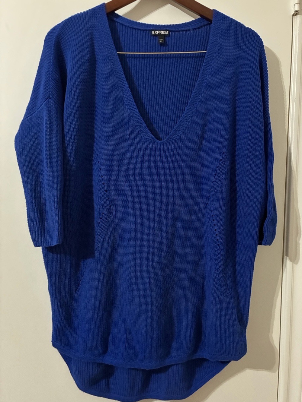 Express Vibrant Royal Blue V-Neck Cotton Sweater - Size S